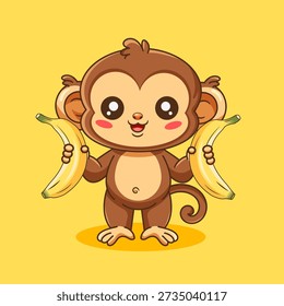 Cute  Monkey Holding Two Bananas Vector Illustration Cartoon Kawaii Style