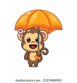 cute monkey holding umbrella cartoon vector illustration.