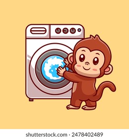 Cute Monkey Holding Washing Machine Cartoon Vector Icon Illustration. Animal Technology Icon Concept Isolated Premium Vector. Flat Cartoon Style