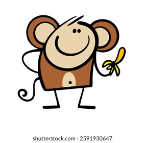 Cute monkey holds a banana in his paw. Vector illustration of a pet or a wild animal from the jungle in a circus eating a tropical fruit. Isolated funny character on white background.