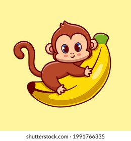 Cute Monkey Hug Banana Cartoon Vector Icon Illustration. Animal Fruit Icon Concept Isolated Premium Vector. Flat Cartoon Style