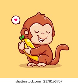 Cute Monkey Hug Banana Cartoon Vector Icon Illustration. Animal Nature Icon Concept Isolated Premium Vector. Flat Cartoon Style