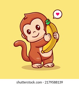 Cute Monkey Hug Banana Cartoon Vector Icon Illustration. Animal Food Icon Concept Isolated Premium Vector. Flat Cartoon Style