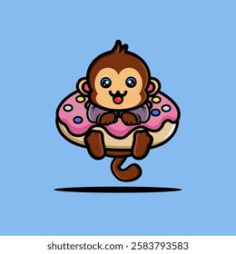 Cute monkey hug big doughnut cartoon