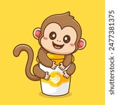 Cute Monkey Hug Coffee Cup Cartoon Vector Icon Illustration. Animal Drink Icon Concept Isolated Premium Vector. Flat Cartoon Style