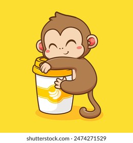 Cute Monkey Hug Coffee Cup Cartoon Vector Icon Illustration. Animal Drink Icon Concept Isolated Premium Vector. Flat Cartoon Style