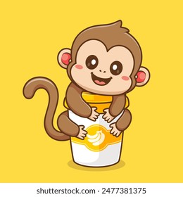 Cute Monkey Hug Coffee Cup Cartoon Vector Icon Illustration. Animal Drink Icon Concept Isolated Premium Vector. Flat Cartoon Style