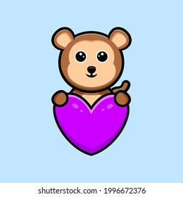 Cute monkey hug purple heart  cartoon mascot