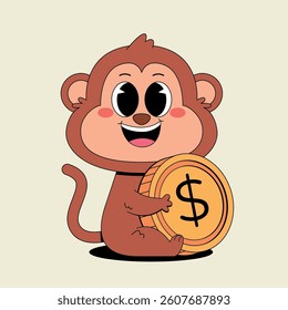 Cute monkey hugging dollar coin cartoon