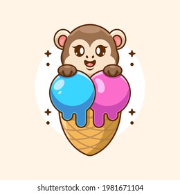 Caricatura de mono lindo con cono de helado