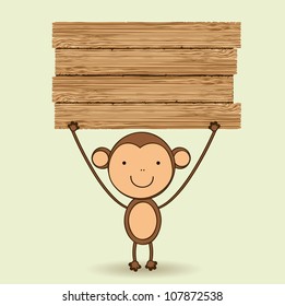 Cute monkey illustration with blank wooden sign, vector illustration
