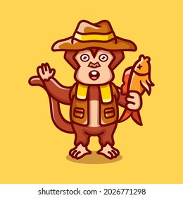 cute monkey illustration catching fish