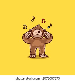 cute monkey illustration covering his ears because of music, suitable for t-shirt or mascot design and others about cute monkeys