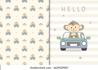 Cute monkey illustration drivng a car and seamless pattern in the white backdrop