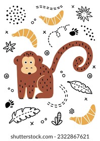 Cute monkey illustration. Jungle animals vector clipart.