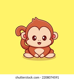 Cute Monkey Illustration Sitting Suitable For Children Book, Icon, Symbols, Logo, Sticker etc. Cute Baby Monkey Vector Illustration. Animal Icon Concept Isolated Premium Vector.