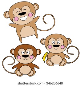 Cute monkey illustration vector icon set isolated on white background