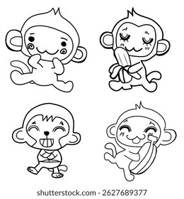Cute monkey illustrations, black and white.