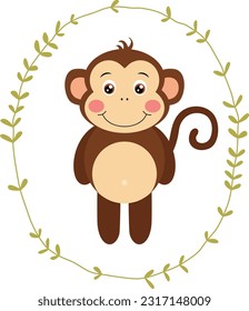 Cute monkey inside an oval leaves border
