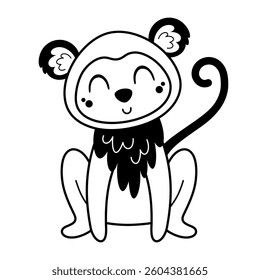 Cute monkey isolated black and white doodle. Jungle animal clipart. Hand drawn vector illustration in flat style