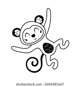Cute monkey isolated black and white doodle. Jungle animal clipart. Hand drawn vector illustration in flat style