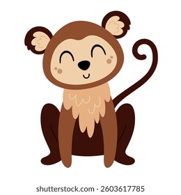 Cute monkey isolated cartoon clipart. Jungle, safari, tropical animal design, hand drawn vector illustration in flat style