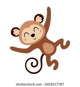 Cute monkey isolated cartoon clipart. Jungle, safari, tropical animal design, hand drawn vector illustration in flat style