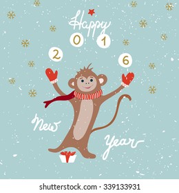 Cute monkey juggling snowballs greeting card. Happy New Year 2016 hand lettering on blue textured background. Chinese New Year 2016, Monkey year. Hand drawn vintage vector illustration.