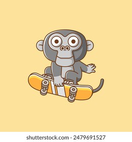 a Cute monkey jump Playing Skateboard animal kawaii chibi character mascot illustration outline style