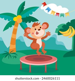 Süße Affe springen auf Trampolin im Dschungel. Comic-Figur. Vektorillustration, Szene für Design. 