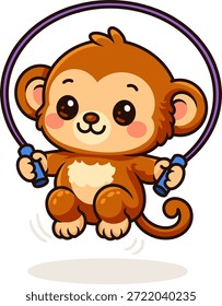 Mono lindo saltando ilustración de dibujos animados de cuerda. Divertido personaje de aptitud animal.