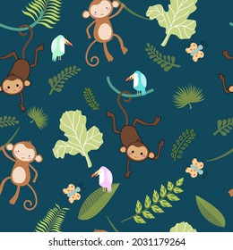 Cute Monkey in the jungle realistic  decorated with parrot and butterfly seamless vector pattern. Palm trees and leaves background,green background.