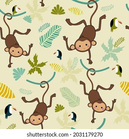 Cute Monkey in the jungle realistic  decorated with parrot and butterfly seamless vector pattern. Palm trees and leaves background,green background.