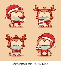 Cute monkey kids wear medical mask,washing hands protect coronavirus covid-1. New normal christmas concept 