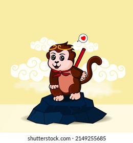 Cute monkey king character on rock. Suitable for mascot or printed on t-shirts.