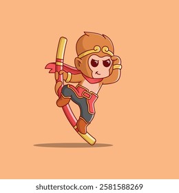 Cute Monkey King Hanging on Magical Staff. Vector Cartoon Illustration