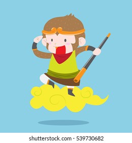 Cute monkey king riding cloud vector illustration