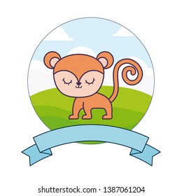cute monkey in landscape with frame and ribbon