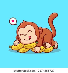 Cute Monkey Laying On Banana Cartoon Vector Icon Illustration. Animal Food Icon Concept Isolated Premium Vector. Flat Cartoon Style
