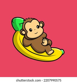 Cute Monkey Laying On Banana Fruit Cartoon Vector Icons Illustration. Flat Cartoon Concept. Suitable for any creative project.
