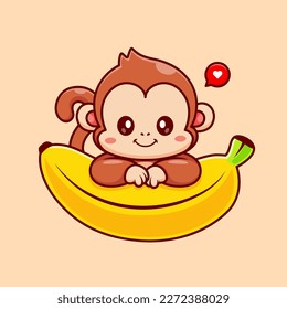 Cute Monkey Laying On Banana Cartoon Vector Icon Illustration. Animal Food Icon Concept Isolated Premium Vector. Flat Cartoon Style