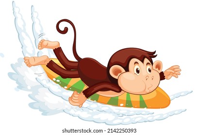 Cute monkey laying on surfboard cartoon character illustration