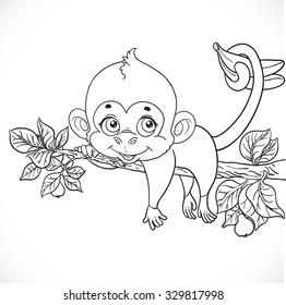 Cute monkey lazily lying on a branch and holds the tail of bananas outlines for coloring