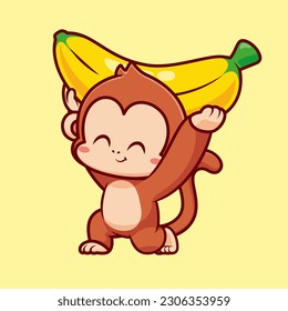 Cute Monkey Lifting Banana Cartoon Vector Icon Illustration. Animal Food Icon Concept Isolated Premium Vector. Flat Cartoon Style