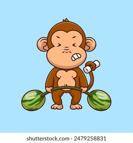 Cute Monkey Lifting Weight With Melons Cartoon Vector Icon Illustration. Animal Sport Food Activities. Flat Cartoon. Suitable for any creative project 