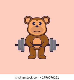 Cute monkey lifts the barbell. Animal cartoon concept isolated. Can used for t-shirt, greeting card, invitation card or mascot.