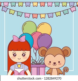 cute monkey with little girl happy birthday card