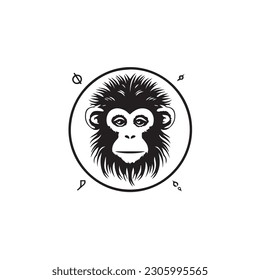 Cute Monkey Logo Monochrome Design. Doodle, cartoon style. Black and white icon 
