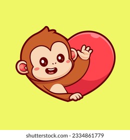 Cute Monkey Love Heart Sign Cartoon Vector Icon Illustration. Animal Holiday Icon Concept Isolated Premium Vector. Flat Cartoon Style