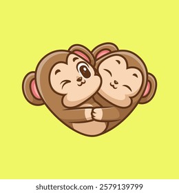 Cute Monkey Love Shape Cartoon Vector Icon Illustration. Animal Nature Icon Concept Isolated Premium Vector. Flat Cartoon Style